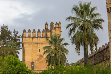 Exterior view at the Lions towers on Alcázar of the Christian Monarchs fortress or Alcázar of Córdoba, a medieval alcázar located in the historic centre of Córdoba, Spain - obrazy, fototapety, plakaty
