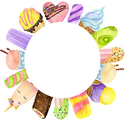 Round watercolor frame with ice cream