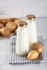 Bottles with vegan plant based milk. Dairy-free drink and potato tubers on gray table