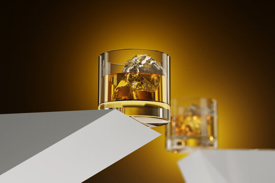 Two Whiskey Glasses with Ice Cubes - 3D Illustration