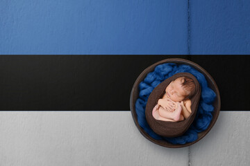 Newborn portrait on background in color of national flag. Patriotic photography concept. Estonia