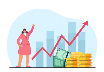 Cheerful businesswoman next to graph with up arrow. Stack of huge gold coins and banknotes flat vector illustration. Progress, business growth, development concept for banner or landing web page