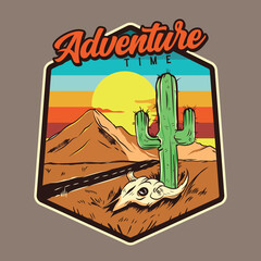 Adventure desert mountain vintage badge illustration and hand drawn design. Perfect for t-shirt, logo and other merchandise