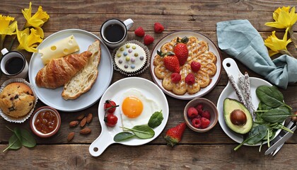 Breakfast food table. Festive brunch set, meals variety with  fried egg, croissant sandwich, cheese, avocado and desserts. Overhead view - obrazy, fototapety, plakaty