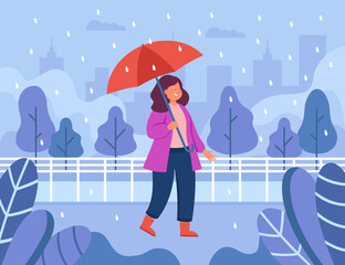 Happy female with umbrella walking through city in rain. Autumn or fall landscape with girl in rainy weather flat vector illustration. Weather, seasons concept for banner or landing web page