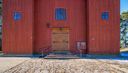 General view and close-up architectural details of the wooden Catholic church of Saint Matthew the...