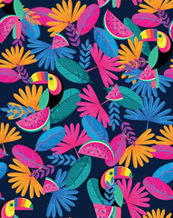 cute tropical background with cartoon palm and toucan, summer print