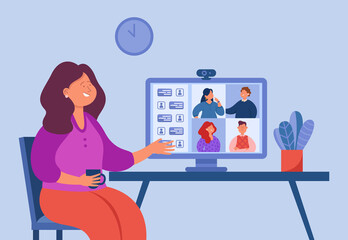 Business person chatting with colleagues during videoconference. Virtual group meeting or conference via desktop computer flat vector illustration. Remote work, technology concept for banner