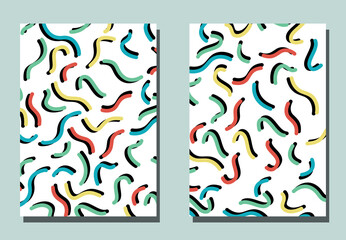Memphis style. Trendy cover with graphic elements - abstract shapes - lines. Two vector flyers. Geometric wallpaper for business brochure, cover design.