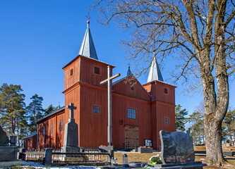 General view and close-up architectural details of the wooden Catholic church of Saint Matthew the...