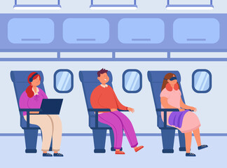 Airplane interior with cartoon passengers in seats. People on airline plane, air travel, trip flat vector illustration. Tourism, journey, transportation concept for banner or landing web page