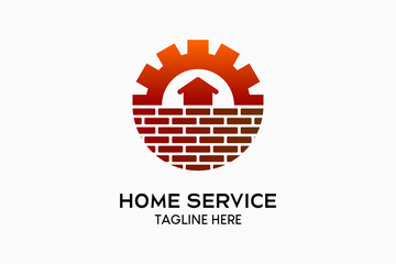 Home service or home improvement logo design, house icon with bricks in creative concept in gear. Modern vector illustration