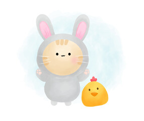 Cute cat wearing rabbit costume in water color style with chicks