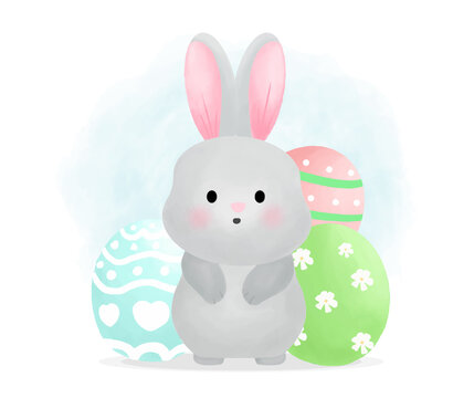 Cute bunny with decorative egg vector illustration. Easter card in water color style
