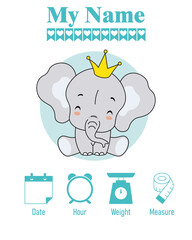  Cute elephant. Baby birth print. Baby data template at birth. Weight, measurement, time and day of birth