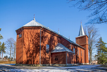 General view and close-up architectural details of the wooden Catholic church of Saint Matthew the...
