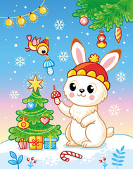 New Year's illustration with a hare that decorates the Christmas tree.