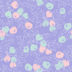 Seamless pattern with hand drawn Fig tree branches with fruit. Pantone of the 2022 year Very Peri, blue a violet-red undertone background. Palette with Anthracite and Cloud Dancer colors