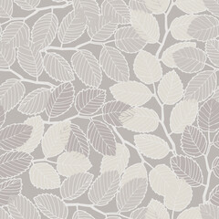 Seamless pattern with elm tree branches and leaves on light background for surface design, wallpaper, fabrics, home decor. Monochrome pastel realistic line art