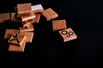 wooden cube, with work icon, with gears, blocks with a word help