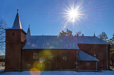 General view and close-up architectural details of the wooden Catholic church of Saint Matthew the...