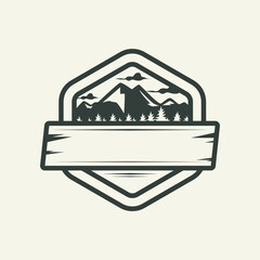 Line art Mountain emblem logo, outdoor adventure emblem, badge and mountain logo. Mountain tourism, hiking. Jungle camp label in vintage style.