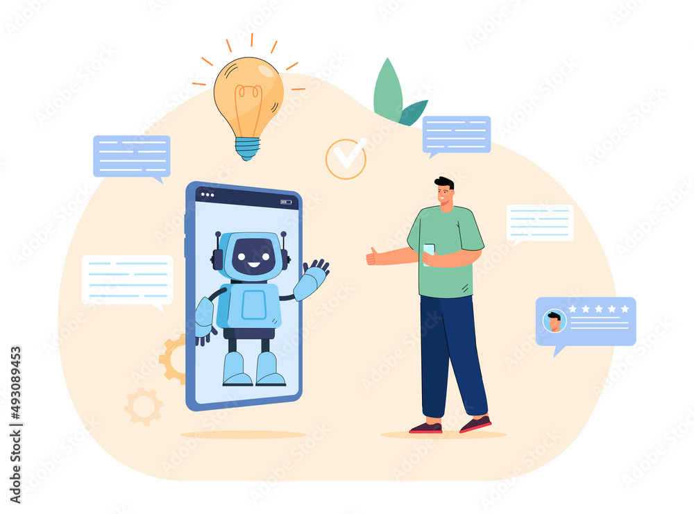 Aufkleber conversation between chat bot on screen of phone and customer. tiny man talking with cute robot in o