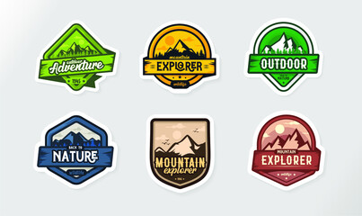 Set of six mountain travel emblems. Camping outdoor adventure emblem, badge and logo patch. Mountain tourism, hiking. Jungle camp label in vintage style.