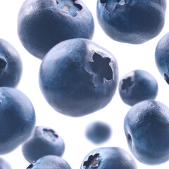 Ripe blueberries levitate on a white background