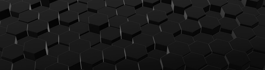 Hexagonal dark poles lined up in rows of varying heights creating a modern backdrop