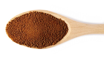 Coconut palm sugar pile in wooden spoon isolated onview