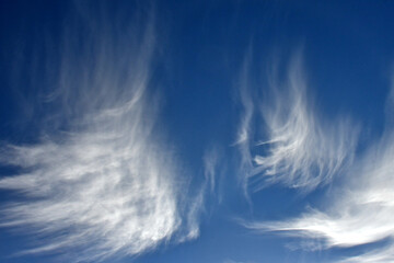 Abrupt wind direction change reflected in cirrus clouds. These wispy clouds are called mare’s...