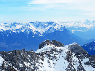 View of the snowy alpine peaks from Säntis, the highest peak of the Alpstein mountain range in the Swiss Alps - Canton of Appenzell Innerrhoden, Switzerland (Schweiz)