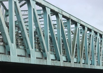 Looking upwards at green metal railway bridge with copy space