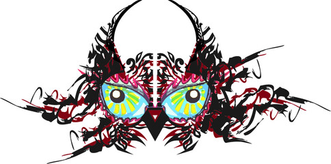 Huge blue-yellow owl eyes with plant elements on white. Scary detailed eagle owl mask for Halloween, fabric products, fashion trends, prints on T-shirts, posters, textiles, cover, wallpaper, etc.