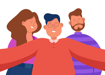 Portrait of happy friends taking photo on mobile phone together. Group of young cartoon men and woman taking selfie and smiling flat vector illustration. Friendship, technology concept for banner