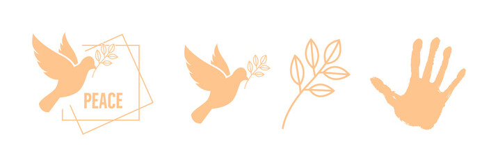 icon set for peace bird, olive branch, and stop hand sign