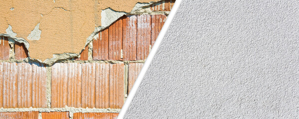 Renovation of an old plaster wall - concept with an old damaged plaster wall versus a new one