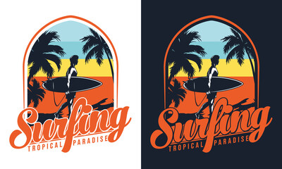 Surfing tropical paradise retro vintage t-shirt design