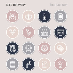 Beer brewery thin line icons set: manufacturing, craft, tap, mug, tulip pint, wheat, hop, bottle opener, barrel. Highlights for stories. Vector illustration for bar or restaurant.