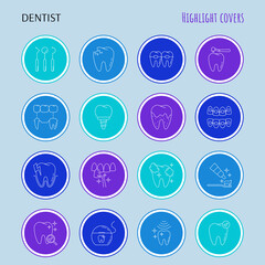 Dentist cabinet: dental instruments, toothbrush and toothpaste, caries, veneers, tooth whitening, implant, ultrasonic cleaning. Highlights for stories. Thin line icons set, vector illustration.