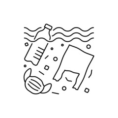 Plastic pollution. Plastic bottle, plastic bottle and medical mask in ocean or sea. Thin line icon. Overconsumption. Trash under water. Vector illustration.