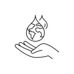 Water consumption concept, water droplet with planet Earth inside falling in human hand. Thin line icon. Save the water, conscious resource consumption. Vector illustration.
