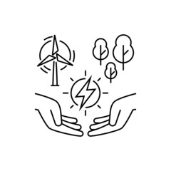Resource depletion. Sign of energy in human hands, windmill and forests. Overconsumption of natural resources. Loss of resource base thin line icon. Vector illustration.