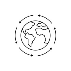 Globalization, arrows around the planet. Thin line icon. International business, worldwide distribution, logistic transportation. Overconsumption. Vector illustration.