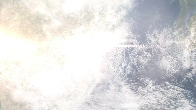 Earth zoom in from outer space to city. Zooming on Matola, Mozambique. The animation continues by zoom out through clouds and atmosphere into space. Images from NASA