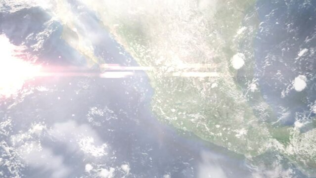 Earth zoom in from outer space to city. Zooming on Tepic, Nayarit, Mexico. The animation continues by zoom out through clouds and atmosphere into space. Images from NASA