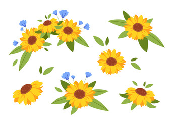 Cute sunflowers bouquet, flower wreath. Sunflowers collection. Vector illustration