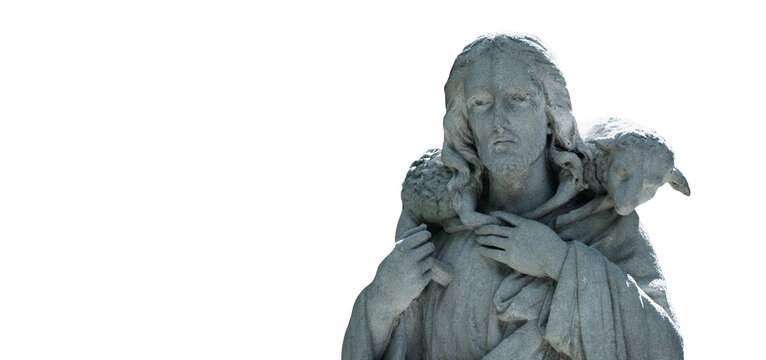 Jesus Christ Good Shepherd with the lost sheep on his shoulders. An ancient statue isolated on white background.