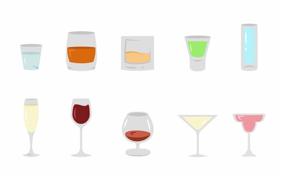 Alcohol drinks and cocktails icon set in flat style. Different alcohol beverages. Bar menu design elements. Collection of alcoholic drinks for menu, cafe, restaurants, pubs, banner, poster,advertising